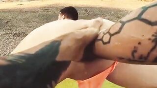Axel Abysse howls as Yoshi Kawasaki POV fists his hole on the beach
