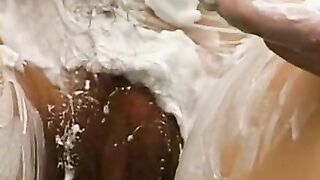 Close Up View Of Her Pussy In Lingerie With A Huge Load On His Face!