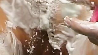 Close Up View Of Her Pussy In Lingerie With A Huge Load On His Face!