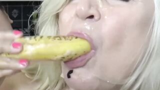 Lesbians Scene of Passion - Older Woman & Young Girl Share Food Play