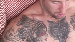Muscular tattooed soldier Brad Powers strokes huge cock solo