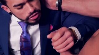 Two men in suits have sex in the toilet at work