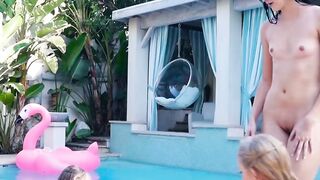 Lesbian pool threesome with horny petite teen sluts