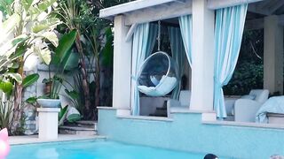 Lesbian pool threesome with horny petite teen sluts