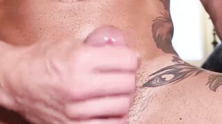 Muscular stud Yury Santana strips his gym shorts and starts stroking his thick uncut