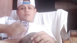 Outdoors Sexy Latin Boy Wears Baseball Cap While Jerking Off