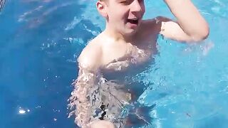 Amateur Pool Party Jerk-Off Session with Hot Blonde Babe