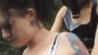 Dominatrix Mistress Outdoor Bondage Session with Submissive Bitch Slave