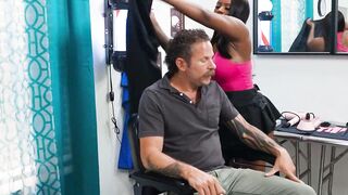 Hot Blonde MILF Gives Her Client A Surprise Handjob In The Chair