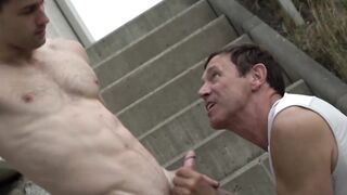 Outdoor Muscle Bear Fucks Jock Stud in Public