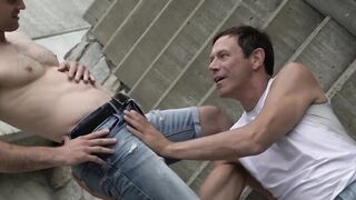 Outdoor Muscle Bear Fucks Jock Stud in Public