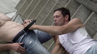 Outdoor Muscle Bear Fucks Jock Stud in Public