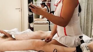 Nurse Tortures her Subject! Fem Dom CBT Post Orgasm Hand Job
