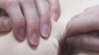 Japanese Belle's Hairless Panties - Close-up Fingertips on Hairy Bush