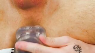 Ink-Drenched Hunk Jacks Off While Anal Play with Dildo