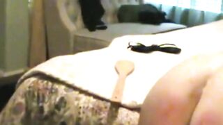 Dominatrix Swings Wooden Ladles on Submissive Wife's Ass