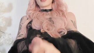 Hot Pink Hairstyle Sissified Crossdresser Strokes Huge Transcock