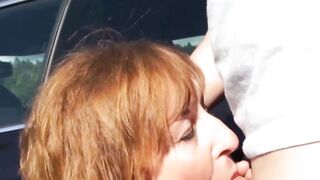 Redheaded Mature Granny Rides Young Stud's Big Dick in Road Side Help