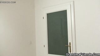 Hiary old lady gets toyed before three-way