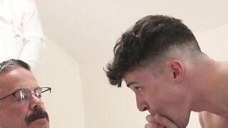 Threeway Frenzy - Old Man Worshiped By Three Hunk Men