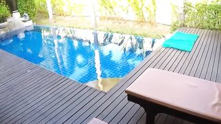 Poolside Public Blowjob & Fucking - Hot Babe in Red Swimsuit Rides Reverse Cowgirl