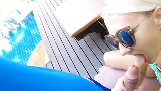 Poolside Public Blowjob & Fucking - Hot Babe in Red Swimsuit Rides Reverse Cowgirl