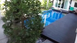 Poolside Public Blowjob & Fucking - Hot Babe in Red Swimsuit Rides Reverse Cowgirl