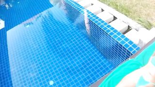 Poolside Public Blowjob & Fucking - Hot Babe in Red Swimsuit Rides Reverse Cowgirl