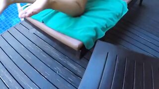 Poolside Public Blowjob & Fucking - Hot Babe in Red Swimsuit Rides Reverse Cowgirl