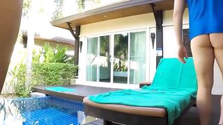 Poolside Public Blowjob & Fucking - Hot Babe in Red Swimsuit Rides Reverse Cowgirl
