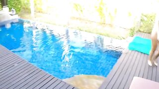 Poolside Public Blowjob & Fucking - Hot Babe in Red Swimsuit Rides Reverse Cowgirl