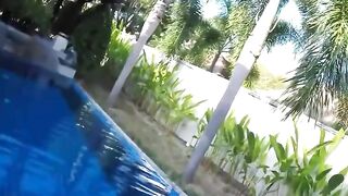 Poolside Public Blowjob & Fucking - Hot Babe in Red Swimsuit Rides Reverse Cowgirl