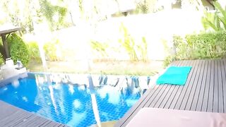 Poolside Public Blowjob & Fucking - Hot Babe in Red Swimsuit Rides Reverse Cowgirl