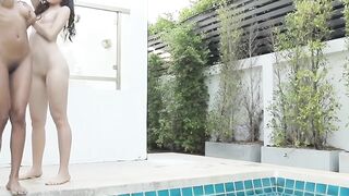 Dark-Haired Vixen Gets A Sensual Erotic Full Body Oil Rubdown From Blonde BFF in Outdoor Setting