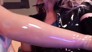 Euro Lesbian Threesome - Sex Toy Sharing with Rubber Gloves