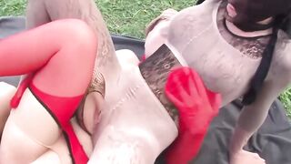 Outdoor Orgy of Bondage Slaves with Dominant Master