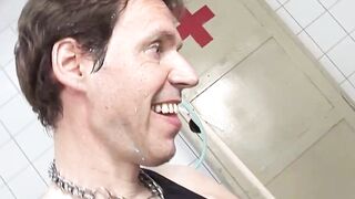 Bondage Domination Submissive Slut Faces Piss Play with Dominatrix in Leather Outfit