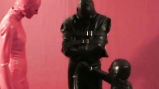 3Some Pvc Catsuits 2 Fem Dom Girls Bondaged Sub inside Straightjacket