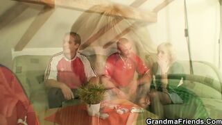 Very older blonde granny swallows 2 dicks