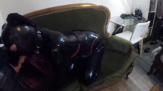 Miss Maskerade Rubber Catsuit Bondage Fellatio for Master Sam Desmond