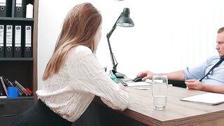 Una Fairy arches over the desk as the manager thrusts deep moaning loudly