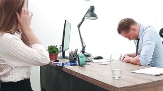 Una Fairy arches over the desk as the manager thrusts deep moaning loudly