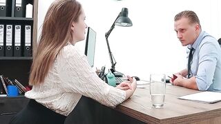 Una Fairy arches over the desk as the manager thrusts deep moaning loudly