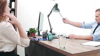 Una Fairy arches over the desk as the manager thrusts deep moaning loudly