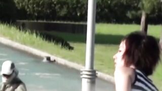 Voyeur films these Asian women making a puddle in the public park