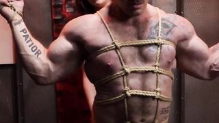 Shemale punishes bound muscle stud