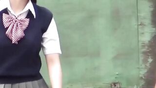 Japanese teen schoolgirls play and pee together outdoors