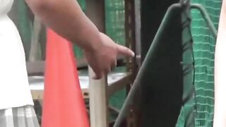 Japanese teen schoolgirls play and pee together outdoors