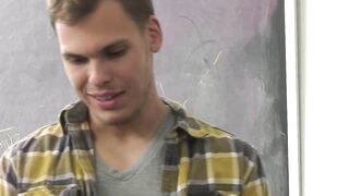 Guy takes out his cock ifo his busty tattooed trans teacher