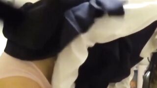 Japanese girl grinds pussy frantically on a kitchen chair